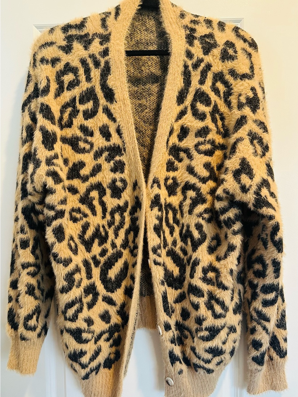 SHEIN Leopard Print Fuzzy Open Cardigan Sweater - Camel/Black